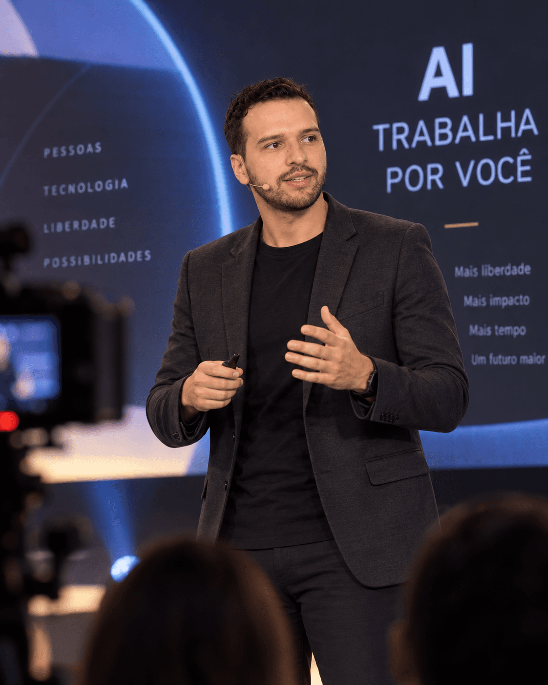 Guilherme Canteiro no palco durante uma palestra